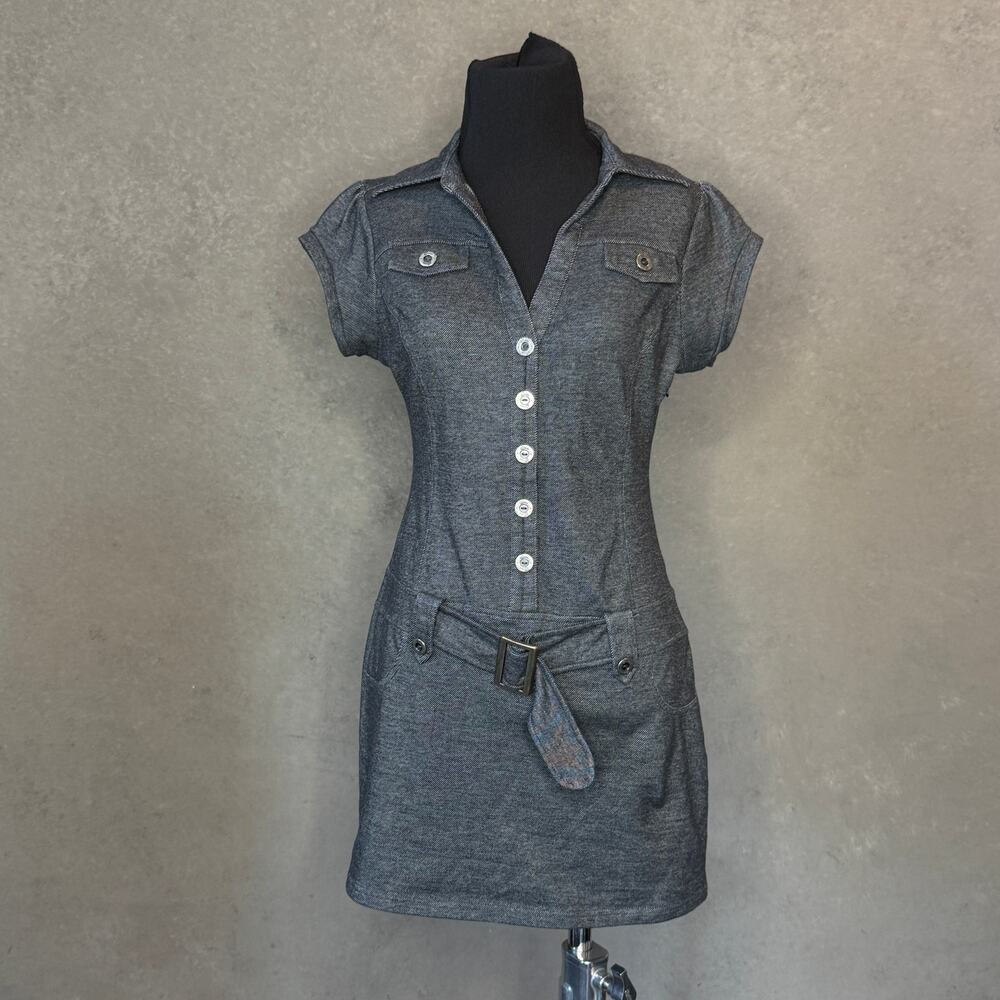 Guess Gray Denim-Look Belted Mini Shirt Dress Button Front Y2K Size S